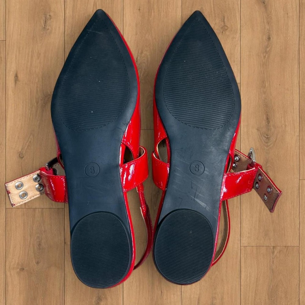 Red Patent Mary Jane Flats Pointed Toe Studded Buckle Slingback Shoes Size 8 - Picture 4 of 4